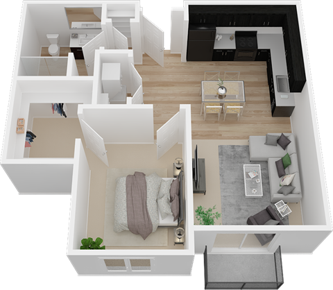 Floor plan for 1 bed, 1 bath, 671 sqft